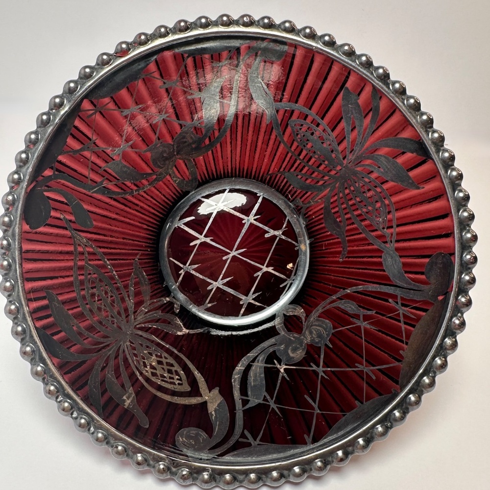 ✨2 for $35✨ Vintage Ruby Red Etched Glass Bowl • Floral Cut Pattern • Beaded Rim